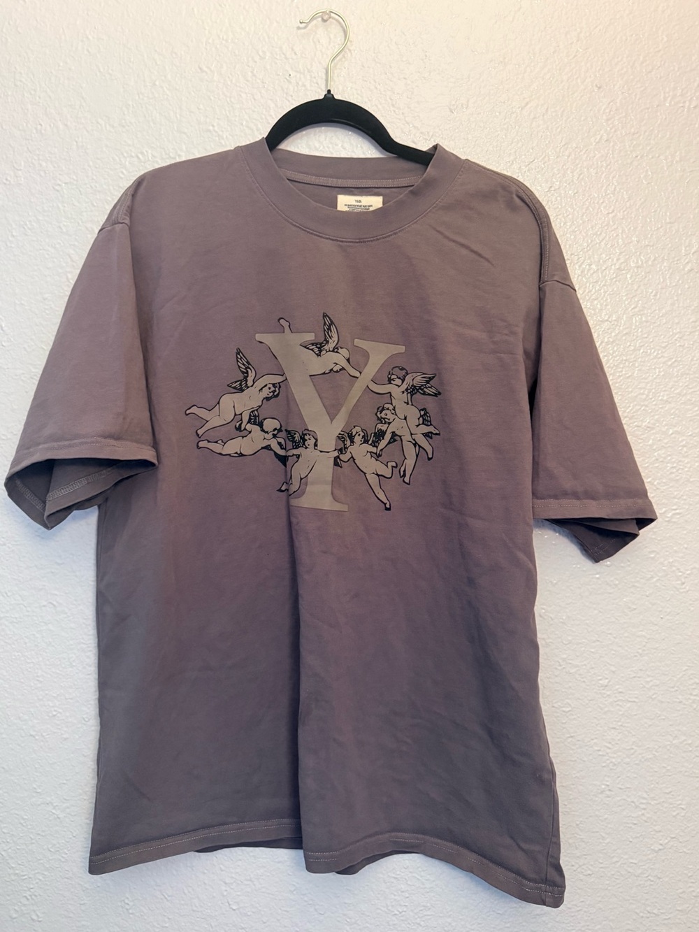 Vintage-Inspired Purple Gray Graphic Tee with Cherub Motif
